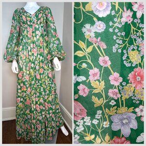 Vintage 1970s Green Floral Maxi Dress, Denise Are There! Bonwit Teller, XS/S